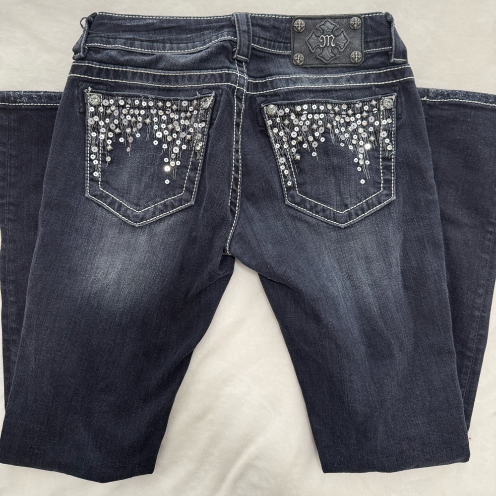 Miss Me Dark Blue Boot Cut Jeans with Silver Embellishments